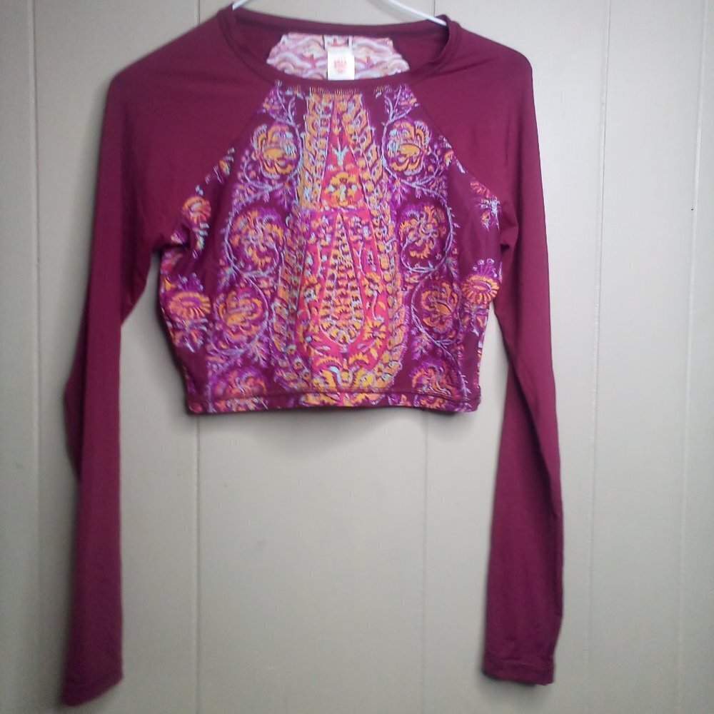 Billa Bong Cropped Tankini Swim Top L Long Sleeve Paisley Burgundy